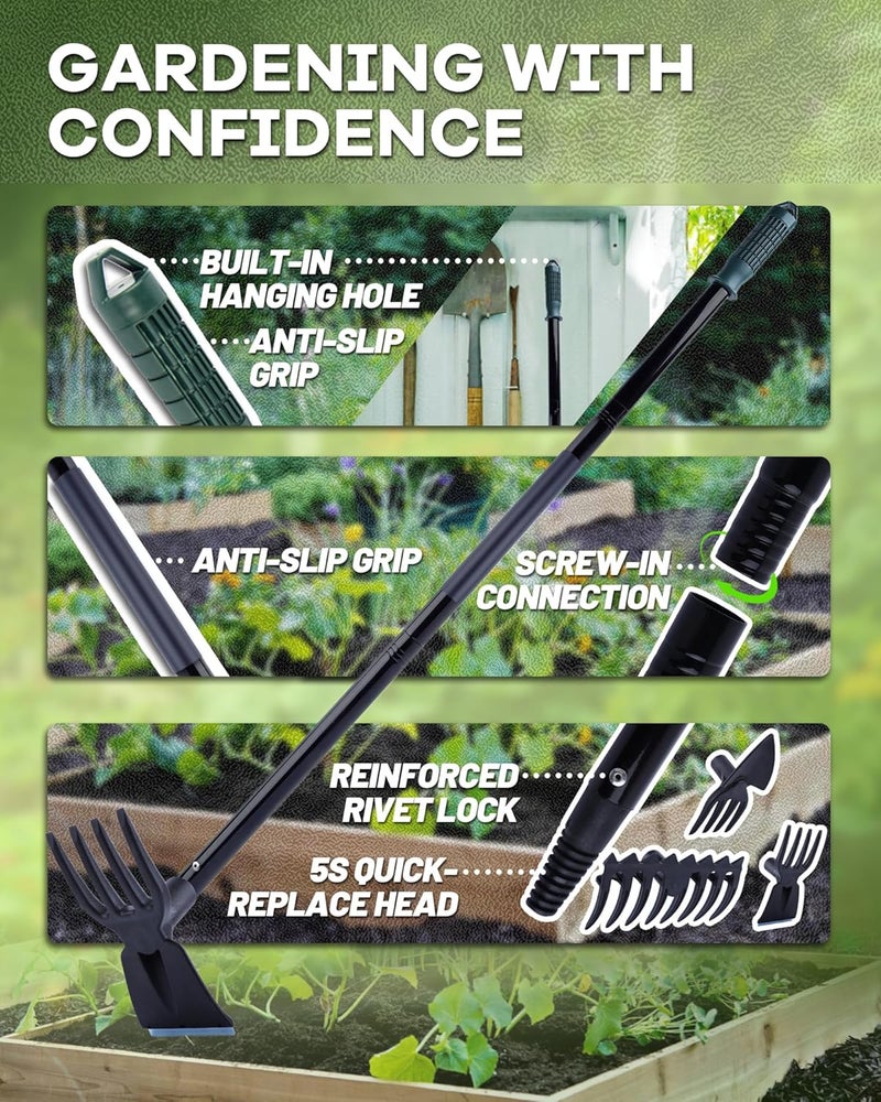 HIPULX 5-in-1 Garden Hoe - Adjustable 37" to 50" Handle, 5 Tool Heads, Heavy-Duty Weeding, Cultivating, and Raking Tool for Gardening, Camping, and Outdoor Use - Image 5